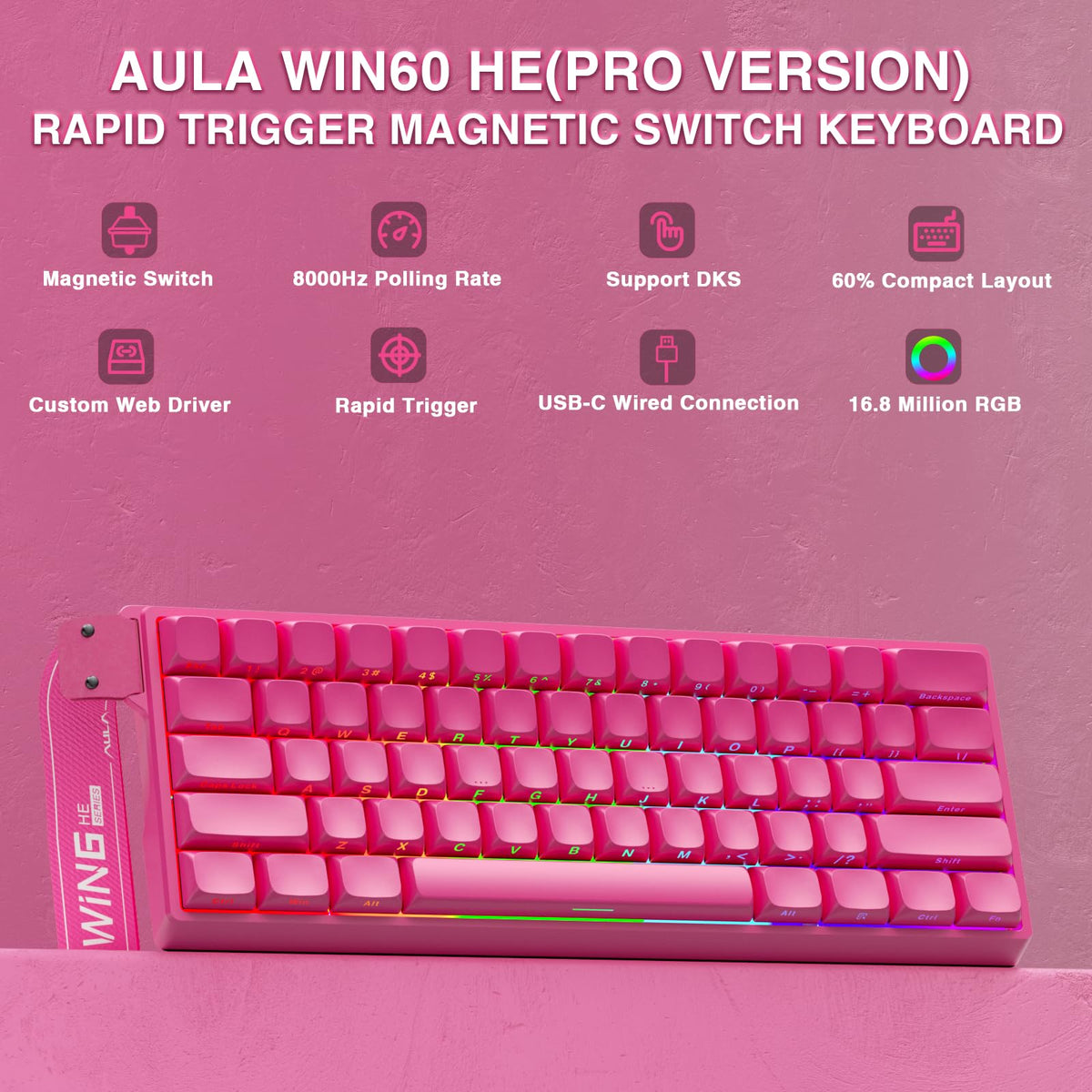 AULA WIN60 HE Mechanical Gaming Keyboard Wired,Hall Effect Magnetic Switches,Adjustable Actuation Rapid Trigger,8K Polling Rate,RGB Backlight,60% Percent Keyboard for Mac/Win (BLACK) (Pack of 2)