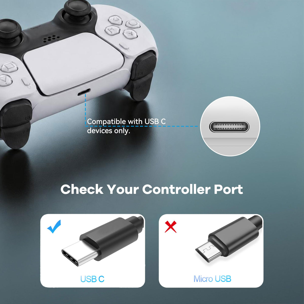 Superer 1.5M White Fit for Sony PS5 Controller Charger USB-C Charging Cable
