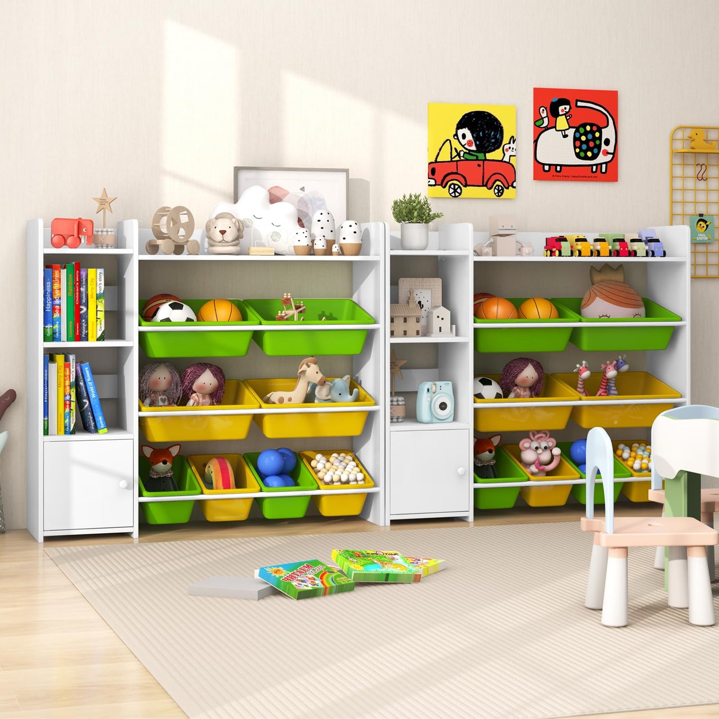 GYMAX Toy Storage Organizer, 4 Tiers Kids Bookshelf and Toy Storage Unit with 8 Bins, Open Shelves and Enclosed Cabinet, Children Bookcase for Playroom Bedroom Nursery (Pink)