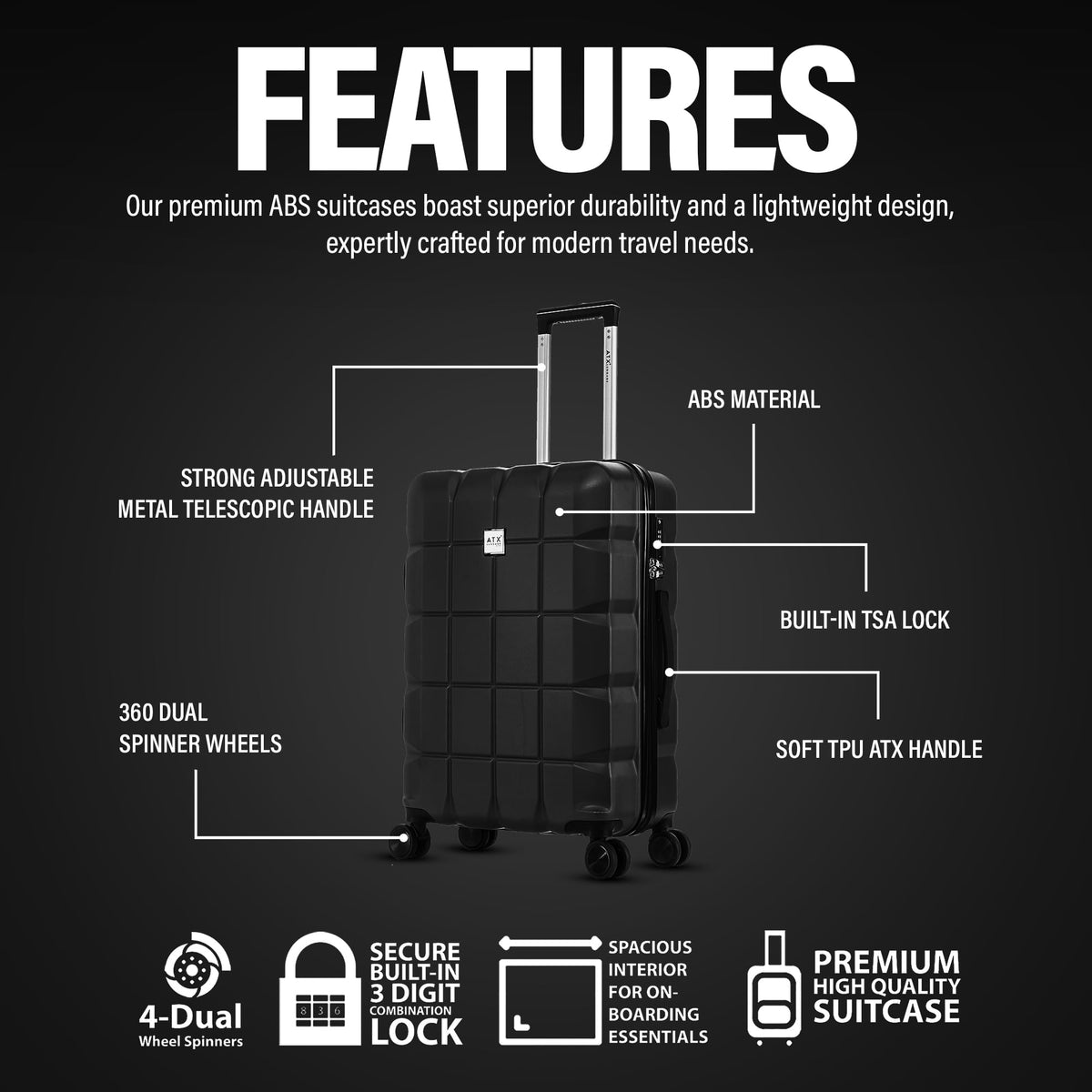 ATX 28 Inch Suitcase Large 110L – Lightweight Hard Shell Checked Luggage, 4 Wheels, TSA Lock, 30KG Capacity, Black