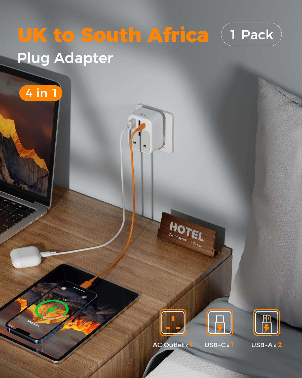TESSAN UK to Italy Plug Adapter, Grounded Type L Travel Adaptor with USB C