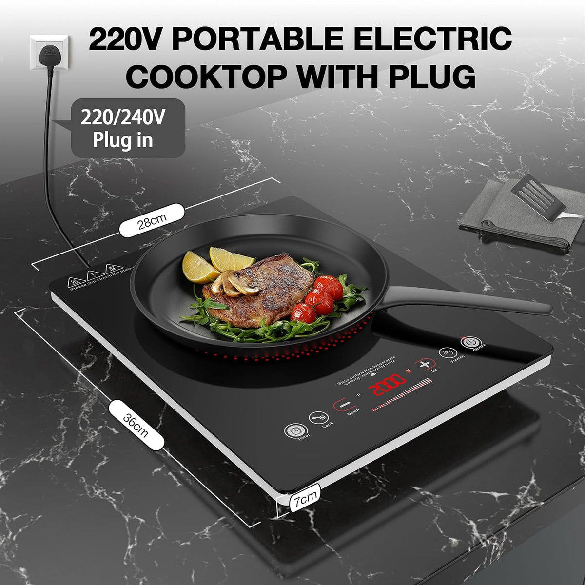 VBGK Double Electric Hob, 220V 3600W Ceramic Hob with Handle, Electric Hot Plate with 9 Power Levels, Child Safety Lock, Timer,Knob and Touch Control, 2 Burner Cooktop