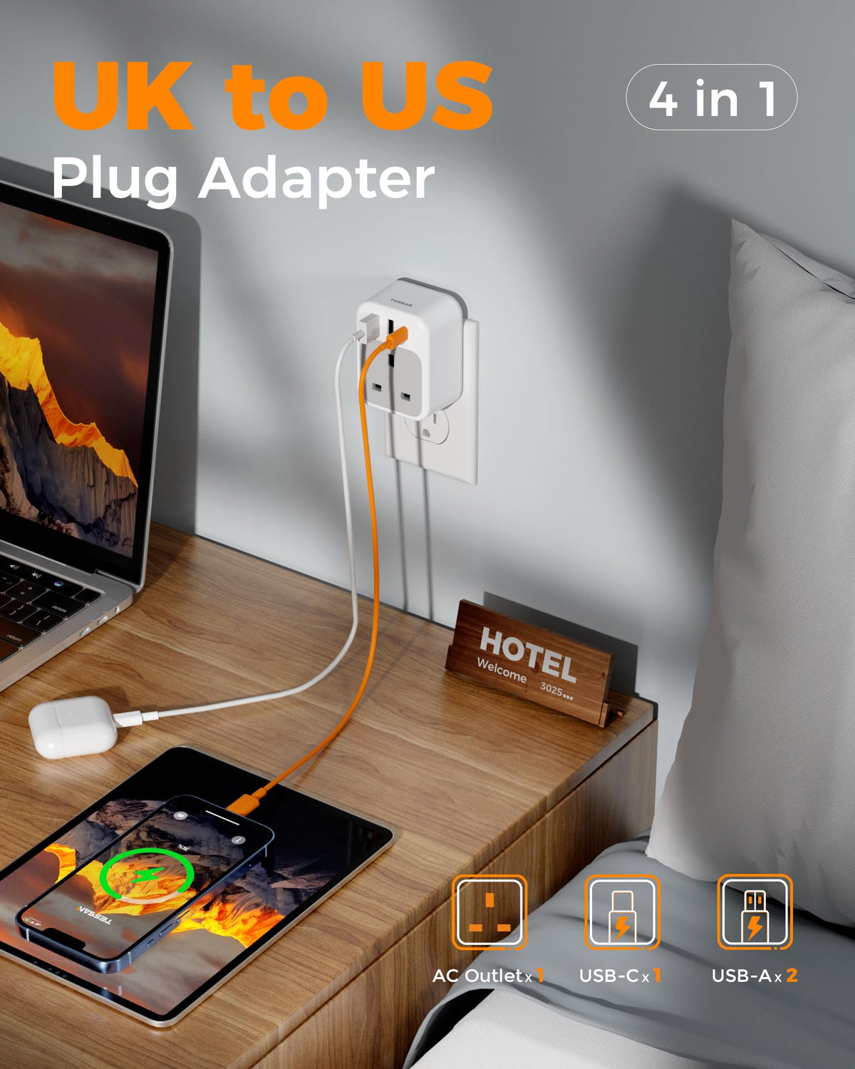TESSAN UK to Italy Plug Adapter, Grounded Type L Travel Adaptor with USB C