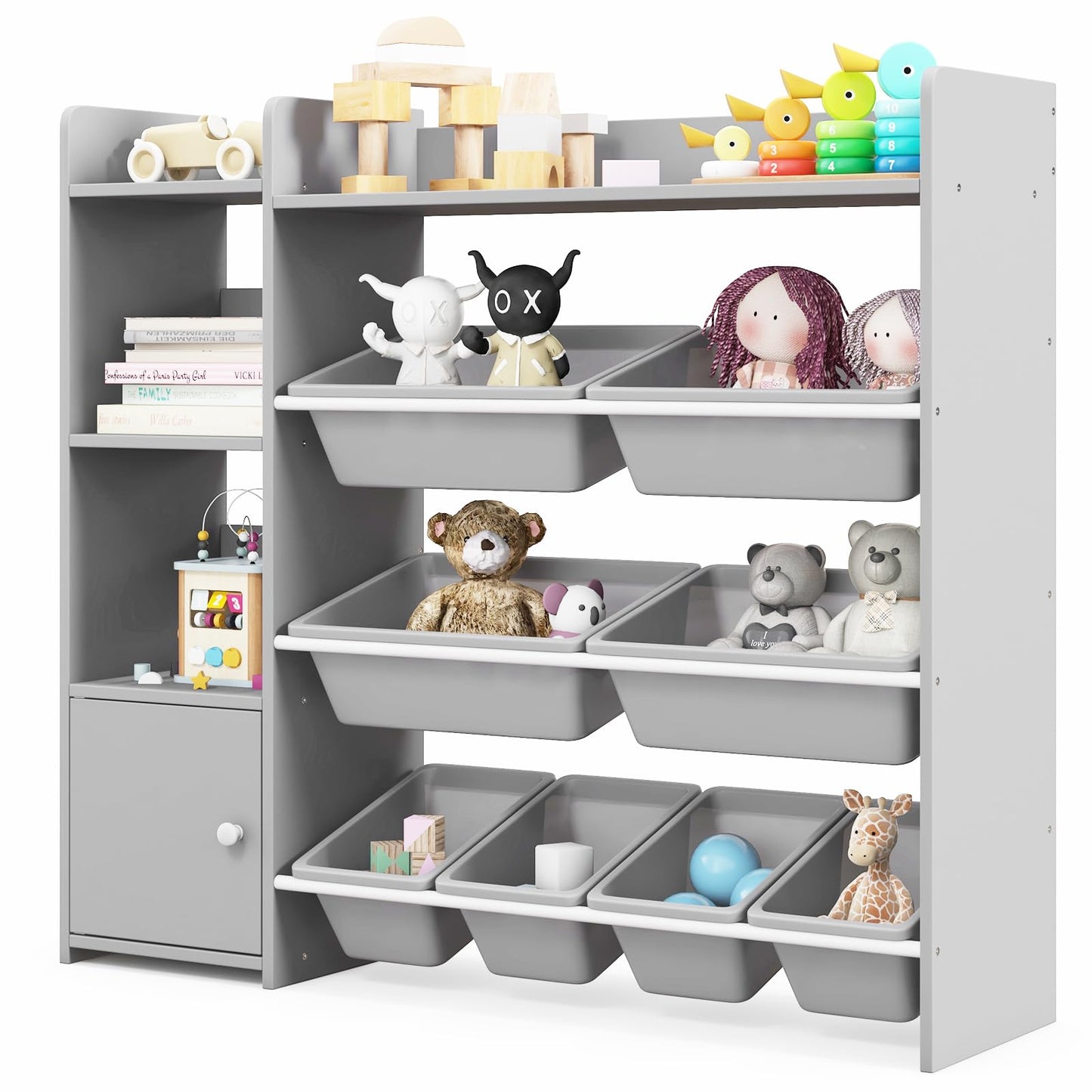 GYMAX Toy Storage Organizer, 4 Tiers Kids Bookshelf and Toy Storage Unit with 8 Bins, Open Shelves and Enclosed Cabinet, Children Bookcase for Playroom Bedroom Nursery (Pink)