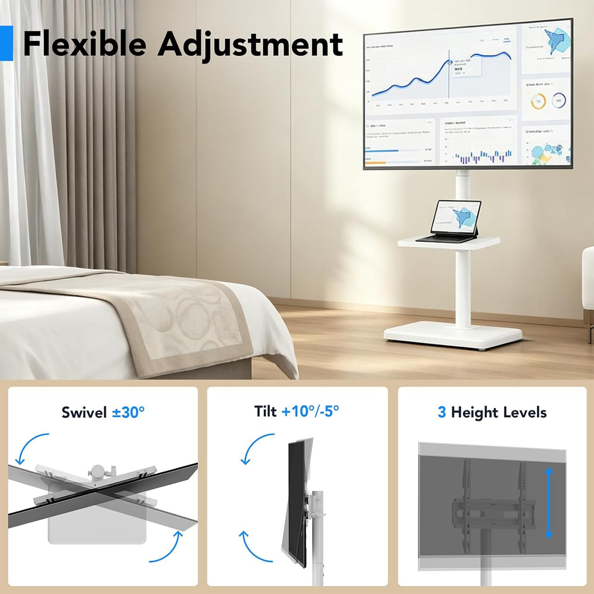 Floor TV Stand with Mount for 26-55 inch TVs up to 35 kg, Height Adjustable Swivel Tilt TV Stand with Wood Base & Shelf, Saving Space Design for Bedroom, Living Room and Corner, White