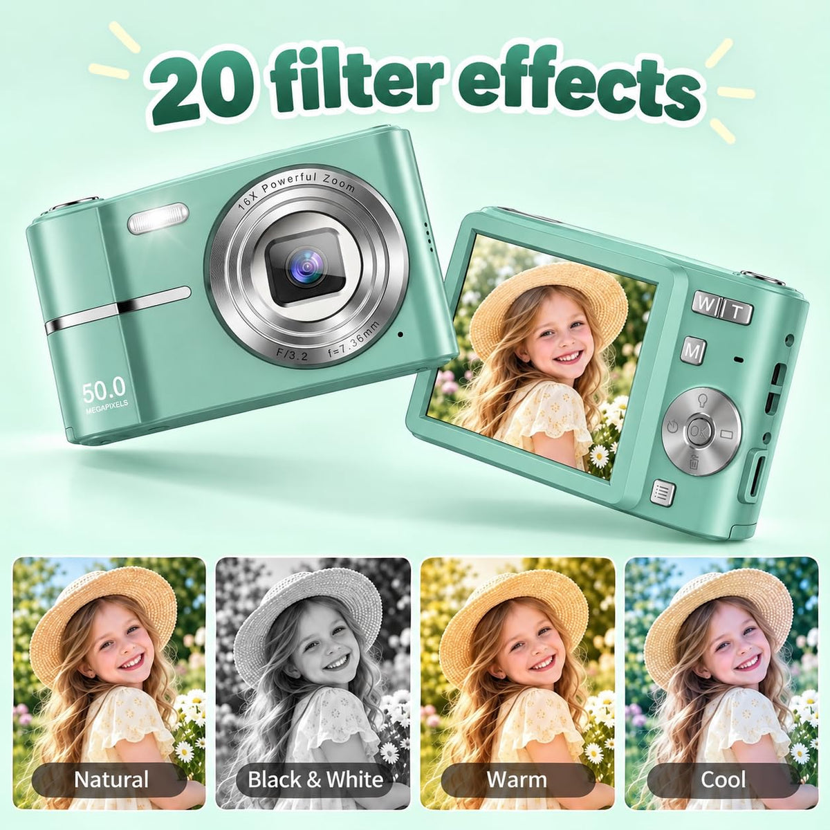 Digital Camera, 1080P FHD Vlogging Camera 50MP Compact Portable Photo Camera with 2.4" Screen, 16X Digital Zoom Mini Small Pocket Camera for Kids Students with 1 Battery, 16GB Card (Black)