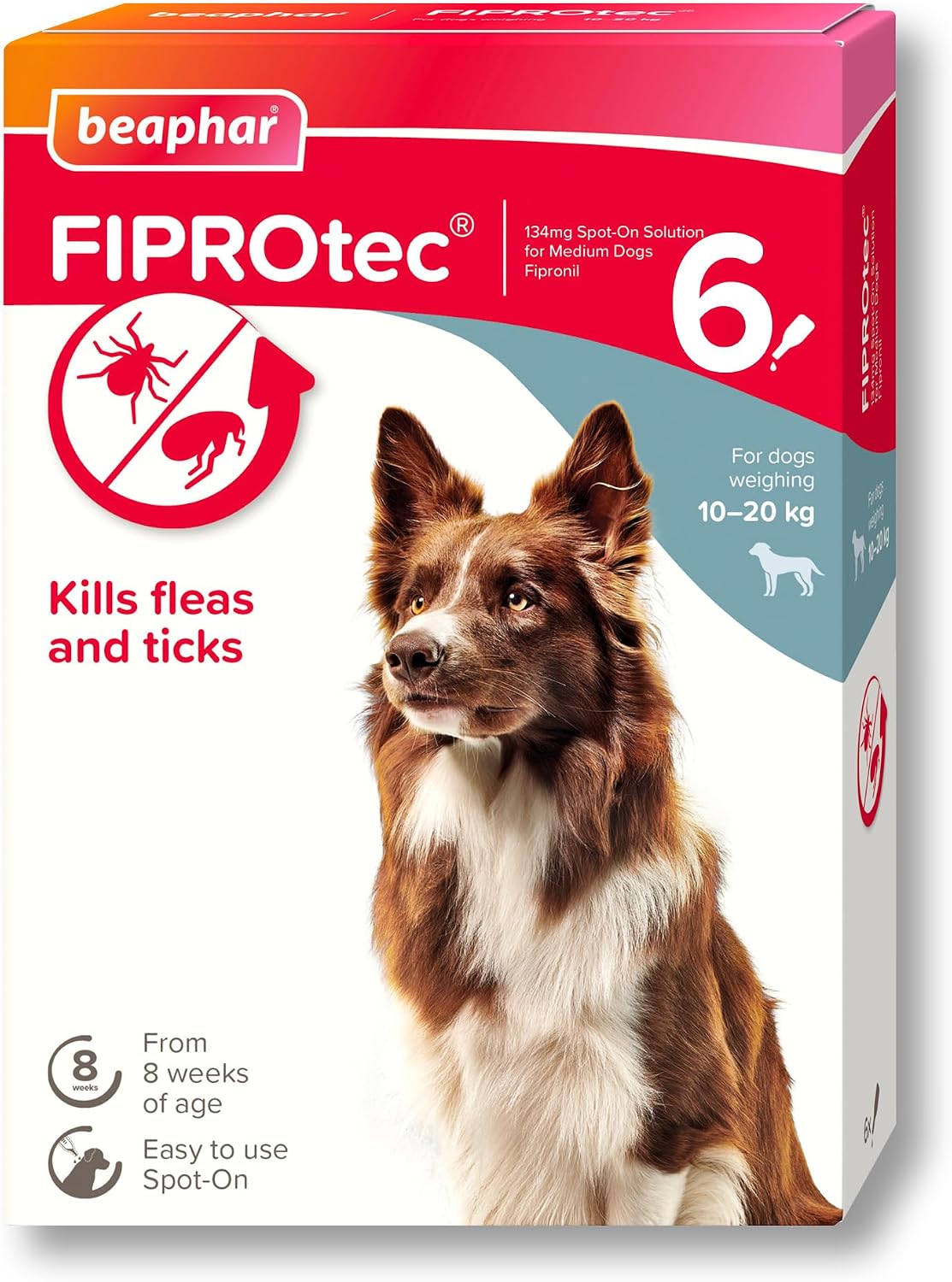 Beaphar - FIPROtec Spot-On Flea & Tick Treatment for Medium Dogs 10-20kg - 6 Pipettes - Kills Fleas & Ticks – Veterinary Medicine - Easy to Apply Monthly - Suitable for Dogs & Puppies from 8 Weeks