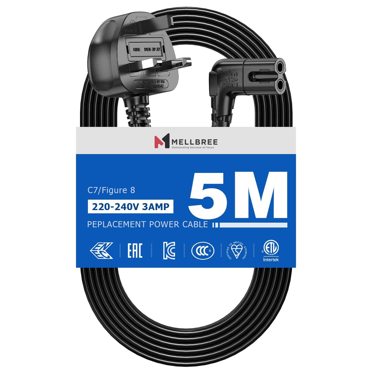 2M Power Cable Compatible with Samsumg TV, Mellbree Quality Safe Right Angle Suitable for Awkward Space Figure 8 Power Cable Compatible with Samsung, LG, Panasonic TV Black