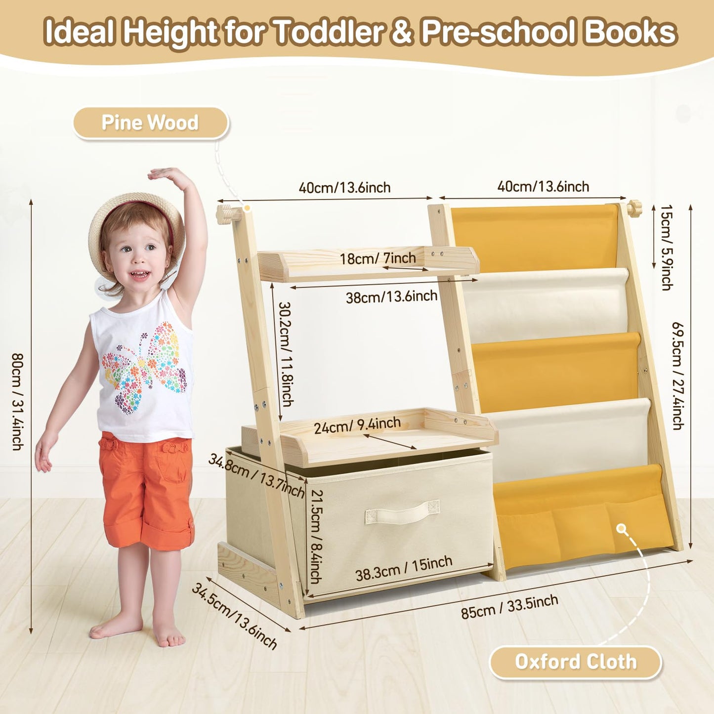 Kids Bookshelf and Toy Storage, Montessori Wooden Children Bookcase and Toy Organizer, 4-tier Toddler Sling Book Shelf with a Large Storage Box for Nursery, Bedroom, Playroom (Terrazzo)