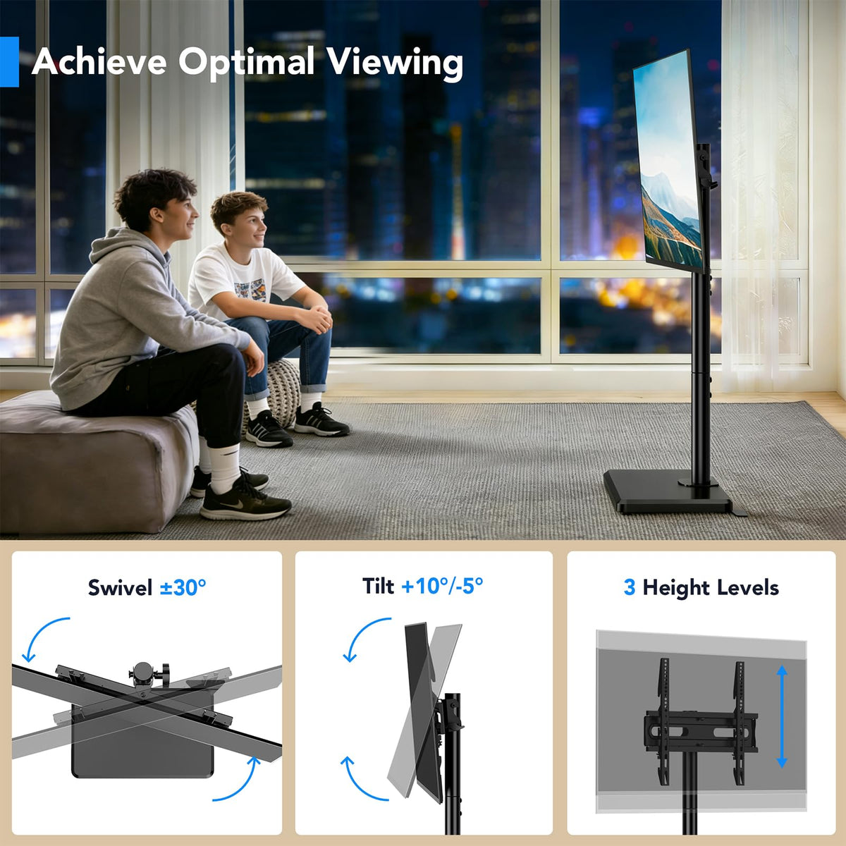 Floor TV Stand with Mount for 26-55 inch TVs up to 35 kg, Height Adjustable Swivel Tilt TV Stand with Wood Base & Shelf, Saving Space Design for Bedroom, Living Room and Corner, White