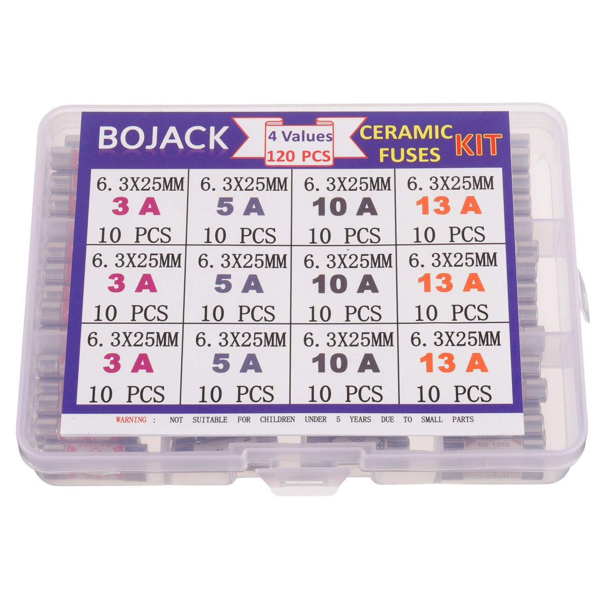 BOJACK 3 Values 42 pcs 3 5 13 A amp 240 V Volt Household Mains Plug Fuse 6.3x25 mm 0.25x1Inch BS1362 Ceramic Tube Cartridge Fuses Assortment Kit packag in a Clear Plastic Box