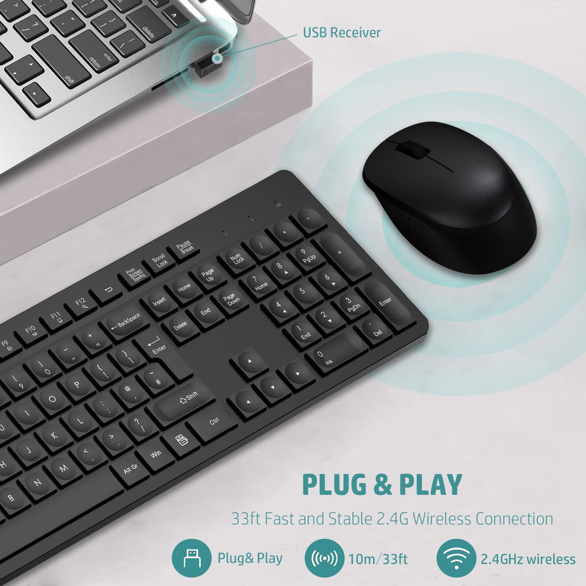 LeadsaiL Wireless Keyboard and Mouse Set, 2.4GHz USB Computer Keyboards and Mouse Combo, Full Size UK QWERTY Layout, Ergonomic Design with 12 Multimedia Shortcuts for HP/Lenovo Laptop and Mac-Purple