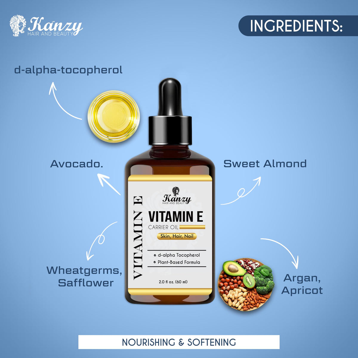 Kanzy Vitamin E Oil for Skin, Hair, Lips and Face - Naturally Sourced Multi-Purpose Plant-Based Vitamin E Oil for Hair Growth as Skincare and Haircare Product for both Men and Women (30 ml)
