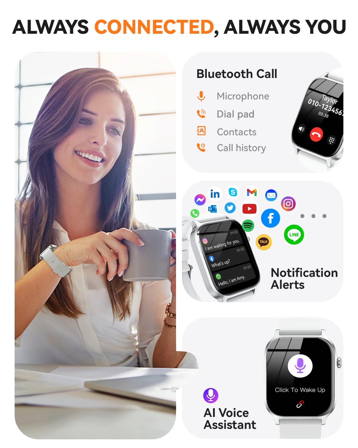 Smart Watch for Men Women- Answer/Make Call, 2024 IP68 Waterproof Fitness Tracker Watch with Sleep Step Counter Activity Smartwatch for Samsung Android iPhone iOS (Black-Blue, 1.83)