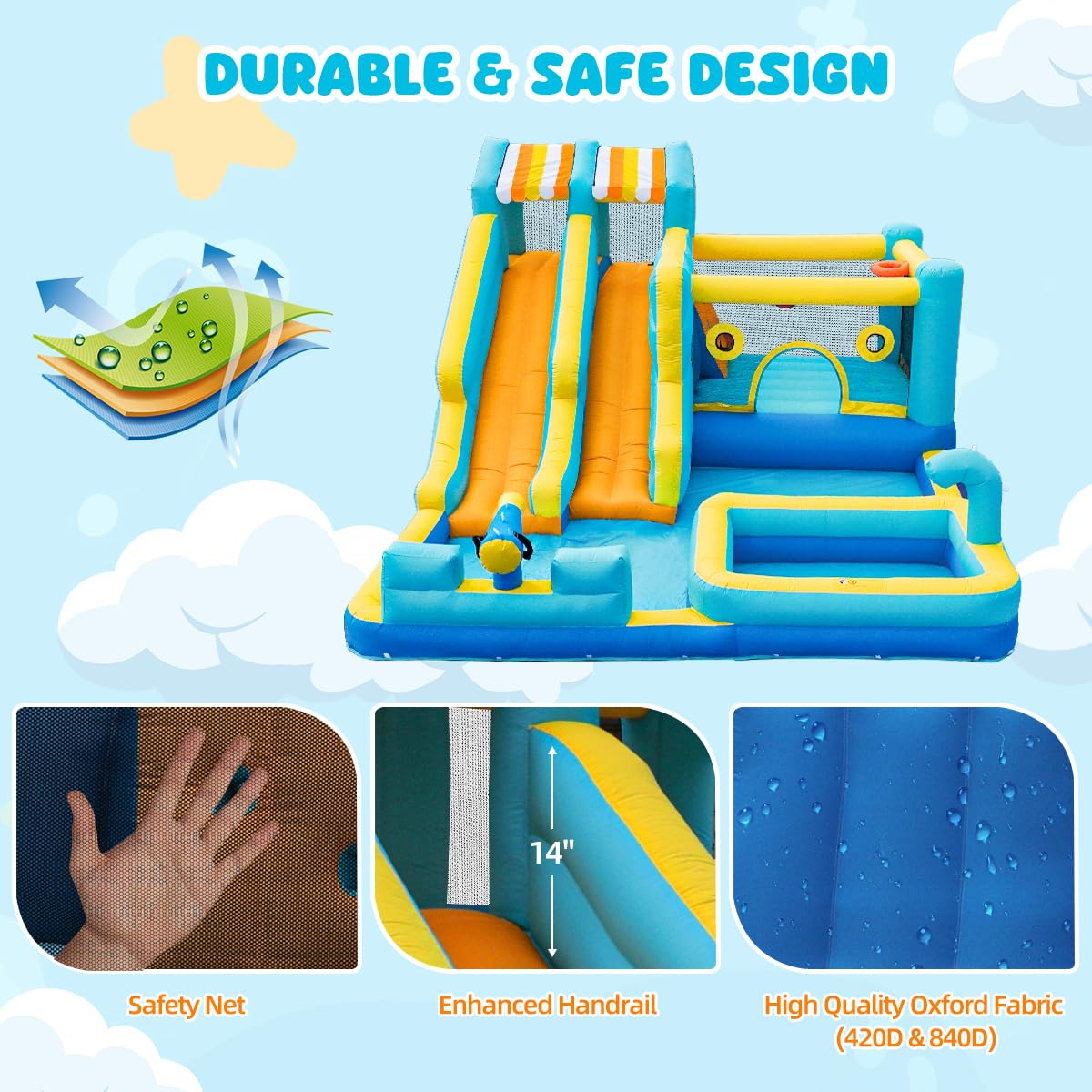 Inflatable Bouncy Castle with Slide Trampoline and Ball Pit, Bounce House Indoor Outdoor with Air Blower for Toddler Garden Park Backyard Party Wedding Birthday Gift, 470 x 400 x 220 cm