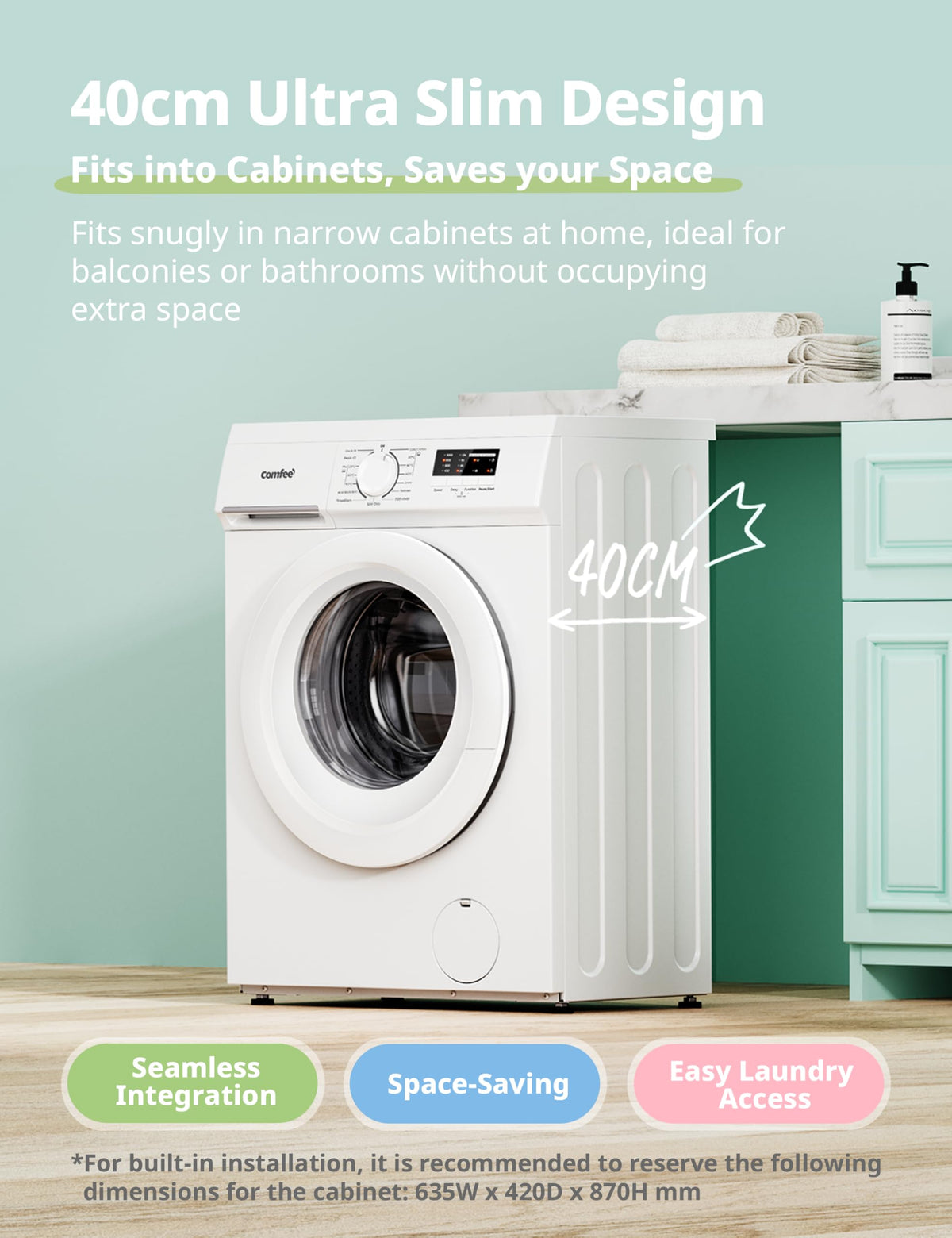 COMFEE' 9kg Washing Machine Energy Class A 1400rpm BLDC Motor Slim White