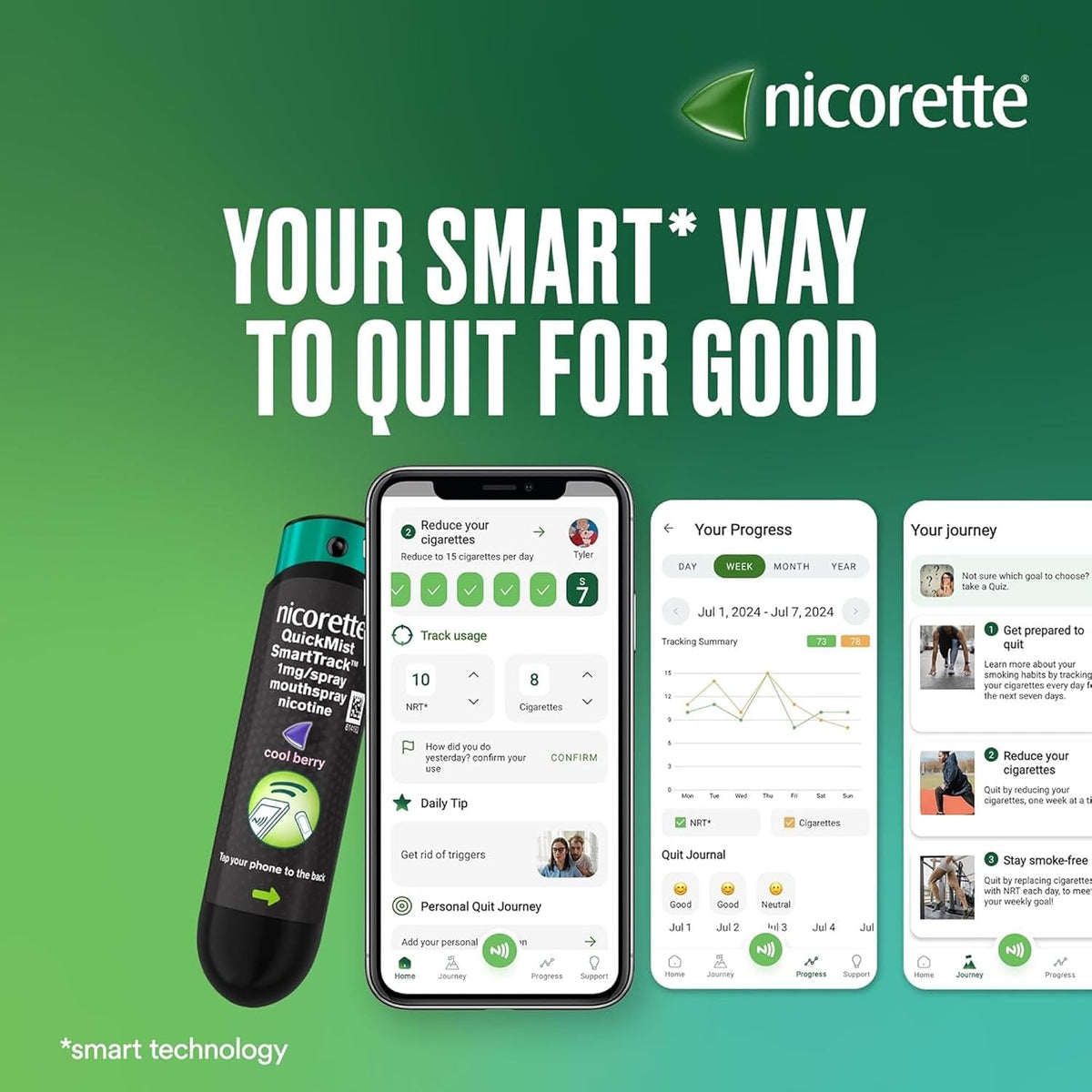 Nicorette Quickmist SmartTrack Mouthspray (2 x 150 sprays), Freshmint, Quit Vaping or Quit Smoking Aid designed to start reducing cravings in 30 Seconds, Smoking or Vaping Cessation Aid