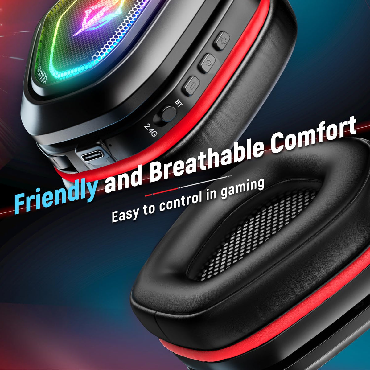 Ozeino Wireless Gaming Headset with Microphone, 2.4G & Type C Transmitter - 40h Battery Life - RGB Lighting Gaming Headphones for Ps5, Ps4, PC, Switch, Phone (Pink)