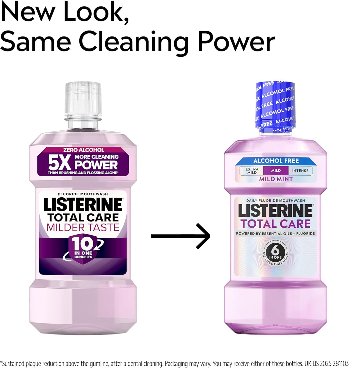 Listerine Total Care Mild Taste (Alcohol Free) Antibacterial Mouthwash (500ml), Fresh Mint Flavour with 6-in-1 Benefits, Helps Reduce Plaque and Freshens Breath