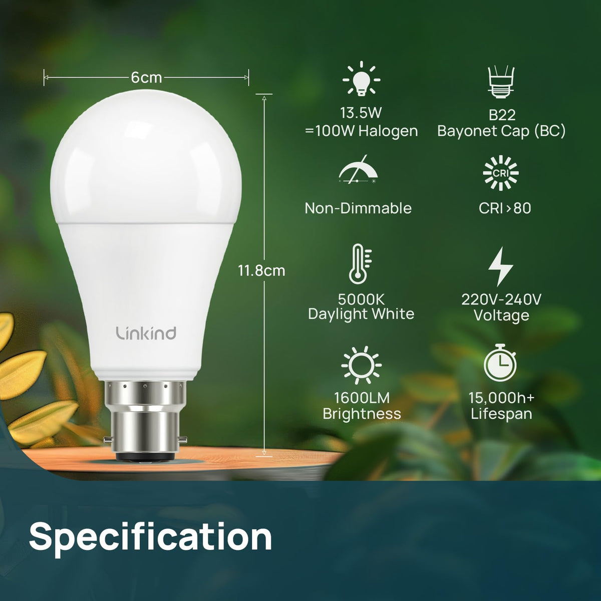 Linkind Bayonet Light Bulb 100w Equivalent,Daylight White 5000K, 13.7W 1600lm Super Bright B22d LED Bulbs,BC GLS Energy Saving Bulbs, Non-Dimmable, 2 Pack