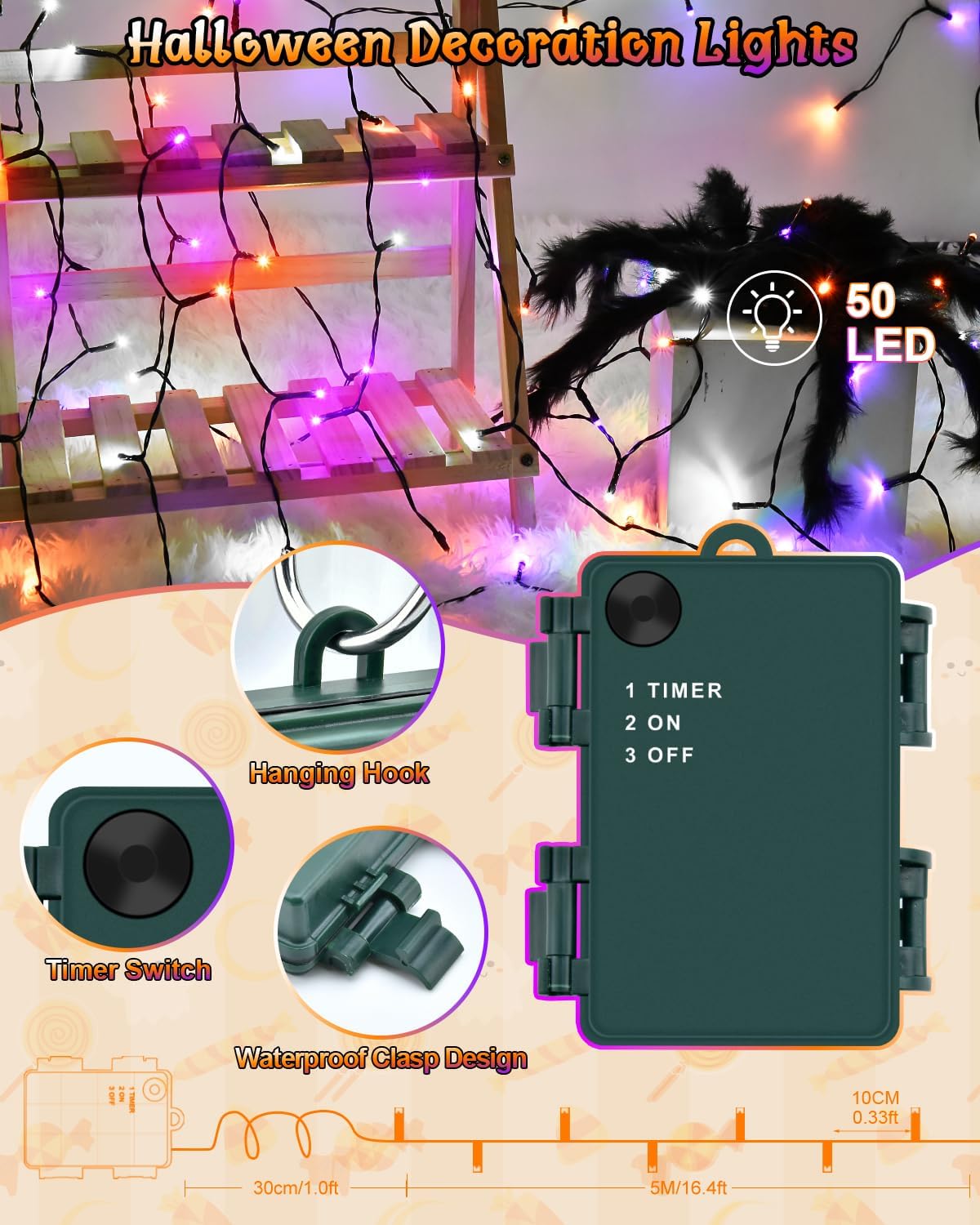 Dalugo Halloween Decoration Lights, 5M 50 LED Orange Purple White Fairy Lights with Timer, IP65 Waterproof Battery Powered Lights for Indoor Outdoor Autumn Halloween Decorations(Green Wire)