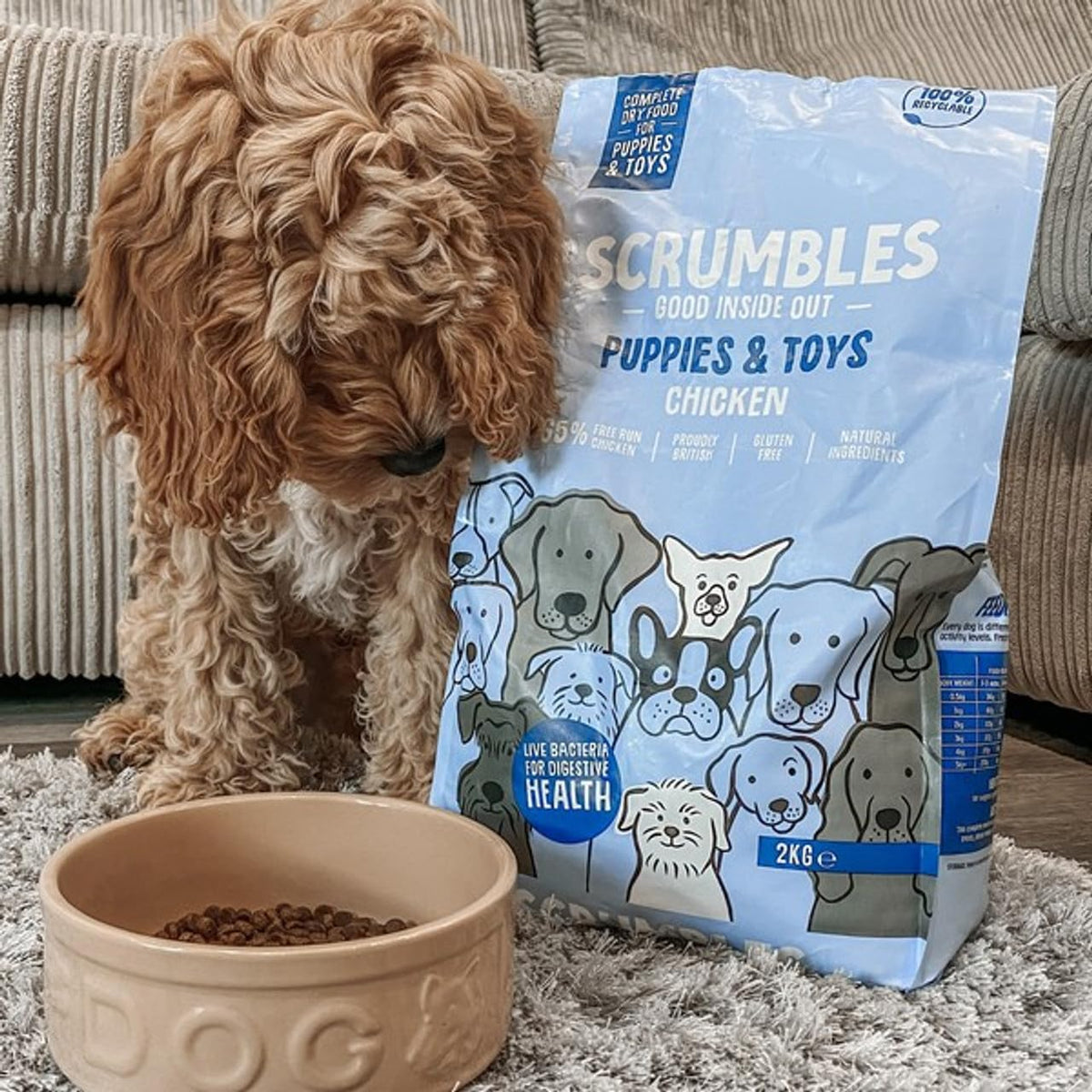 Scrumbles • Dry Dog Food • Hypoallergenic • All Lifestages • Chicken 60% • 2kg Bag • Natural Complete Adult Recipe • Gut Friendly Prebiotics & Probiotics • Gluten Free