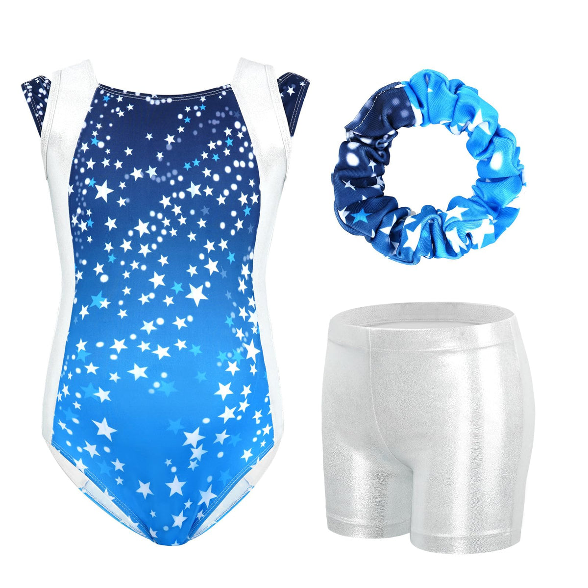 Gogokids Girls' Three-Piece Gymnastics Set, Sleeveless Leotards with Shorts and Hairband, Sparkling Ballet Dancing Unitards - Gymnastics Outfit with Gradient Color Design for 3-12 Years