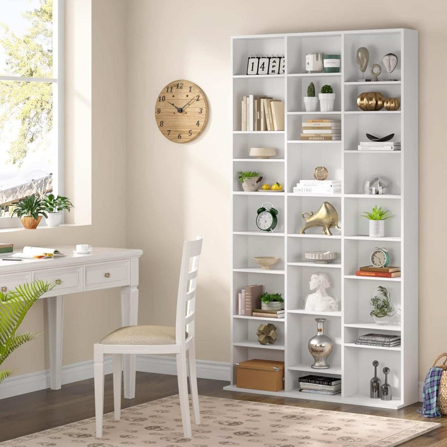FirFurd Tall Bookcase CD DVD Storage Unit Tower Wooden Display Rack with Adjustble Shelves 27 Storage Compartments White Bookshelf 102.5x23.5x190cm