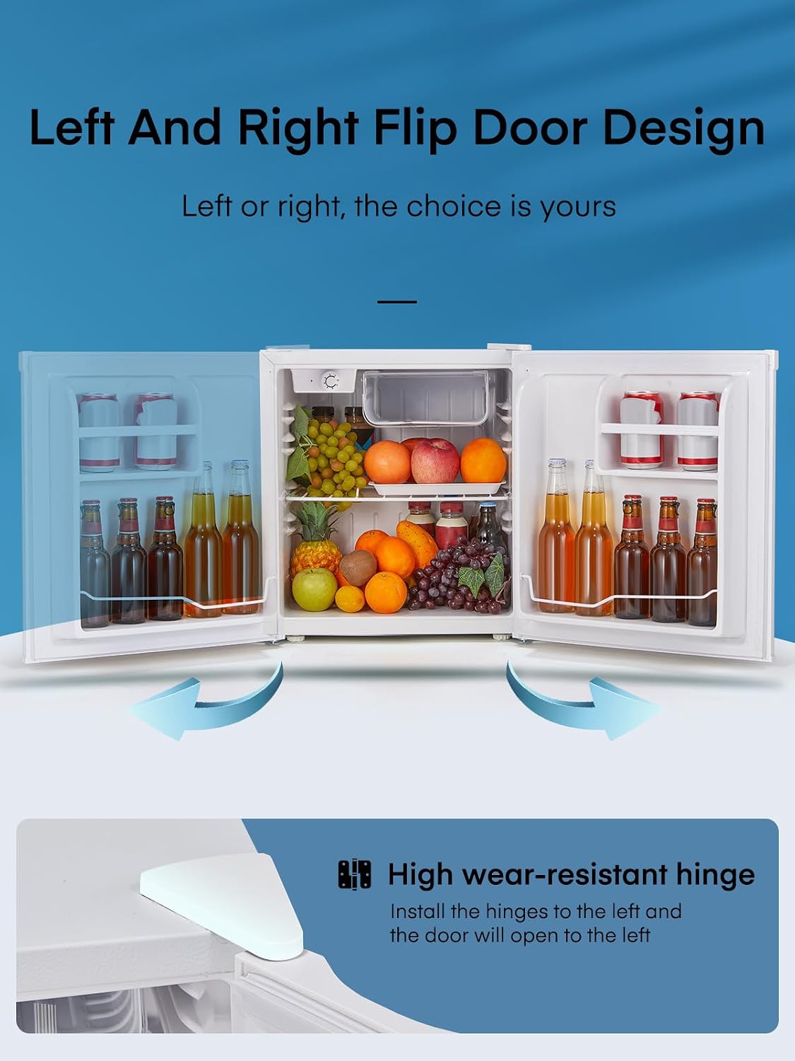 FOHERE Mini Fridge 46L, Small Table Top Fridge, Low Noise, Adjustable Temperature Control & Legs, Reversible Door, Compact Wine&Beers Cooling, Black