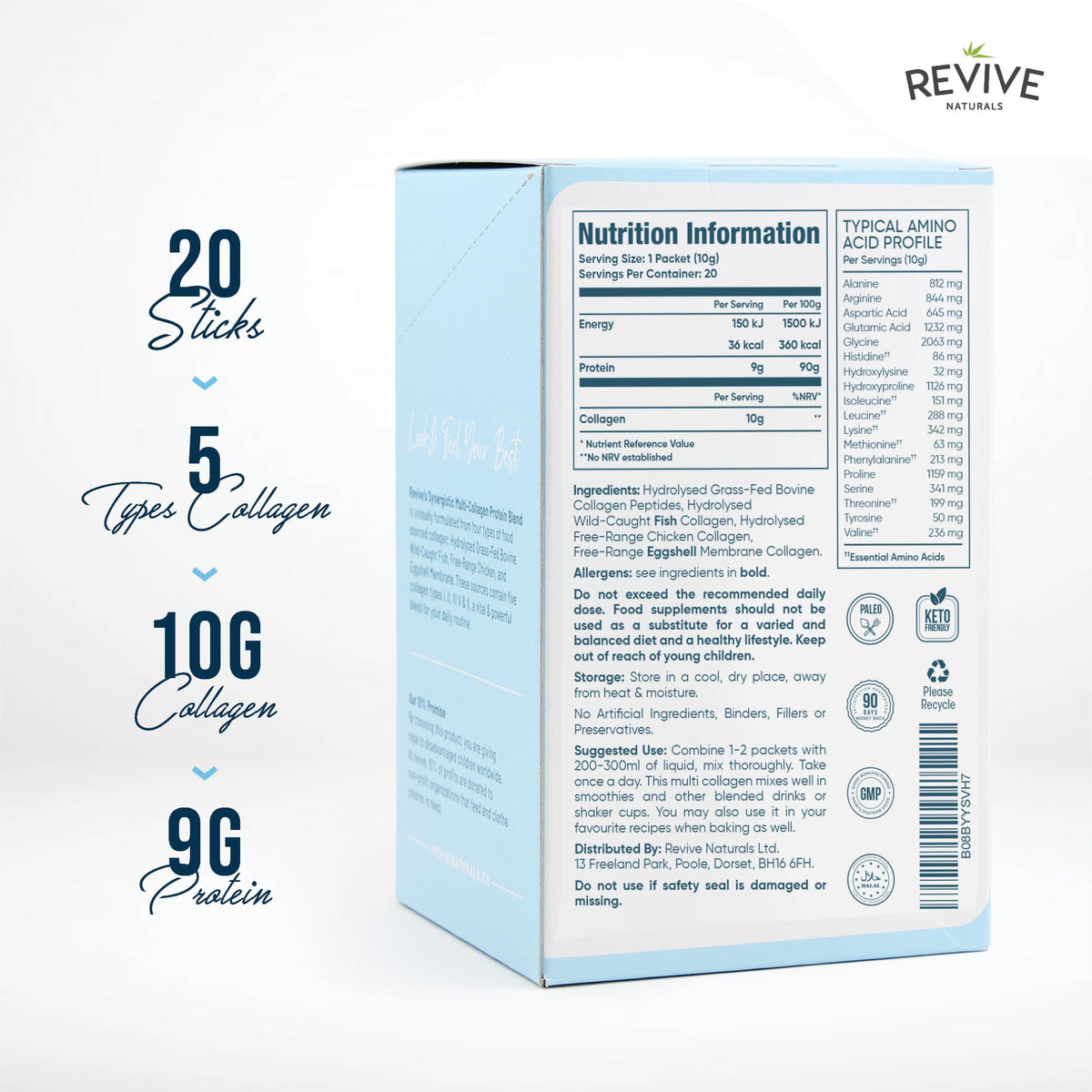 Multi Collagen Protein Powder 400g - Types I, II, III, V & X - Hydrolyzed Grass Fed Bovine, Wild Caught Fish, & Free-Range Chicken & Eggshell Collagen by Revive Naturals