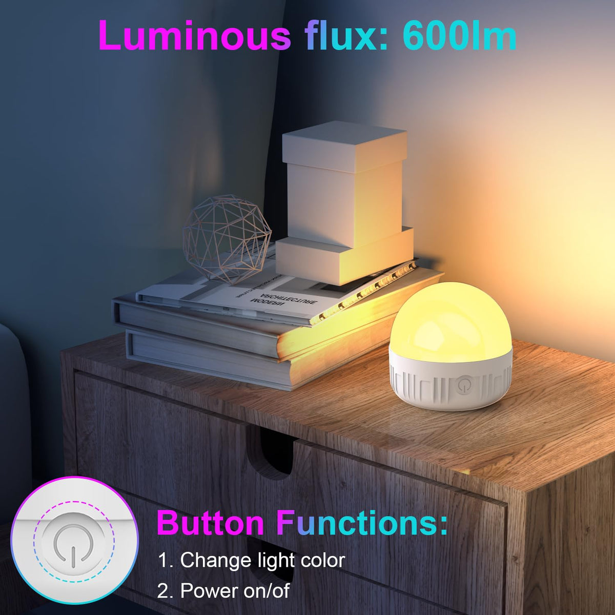LGMCF E14 Rechargeable Light Bulb, 8W, 3 Colors, Timer, Dimmable, 2 Pack