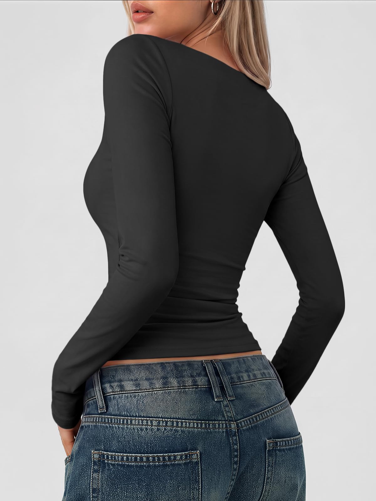 LILLUSORY Long Sleeve Tops Women UK Square Neck Double Lined T Shirts