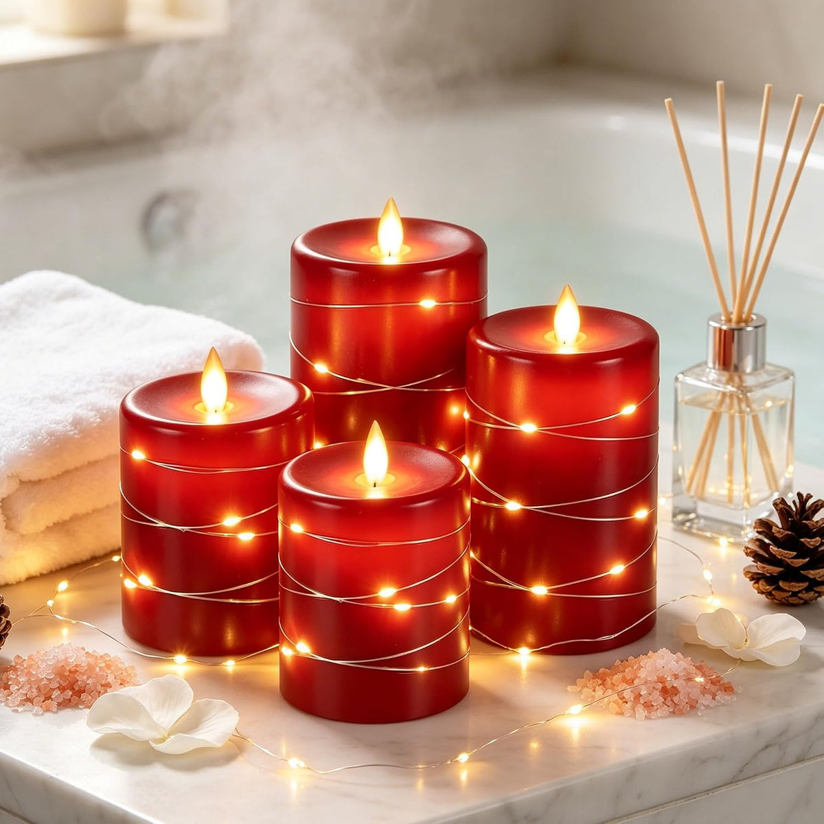 Da by 3 Pack Ivory Flameless LED Candles with Fairy Lights, Realistic Moving Flame Paraffin Wax Candles, Remote Control, Soft Warm Light, 8cm D x 12.5/14.5/16.5cm H, Indoor Wedding Home Decor