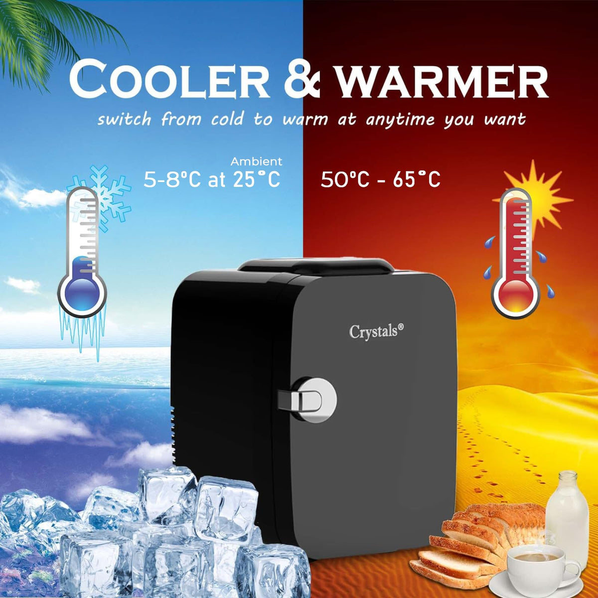 Crystals Mini Fridge, 10L Table Top Small Fridge Cooler & Warmer for Car Bedrooms Desk Office, 12V DC - 220 AC, Energy Efficient (Black)