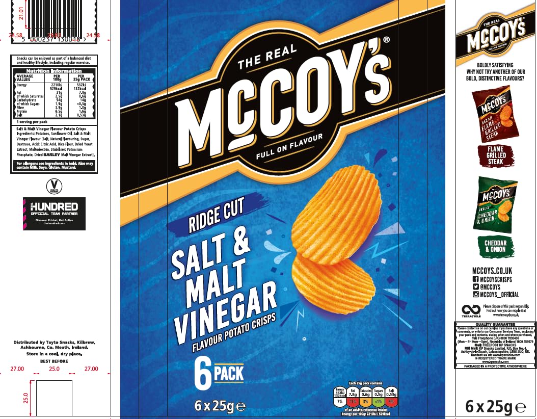McCoy's Sizzling King Prawn Multipack Crisps 6 Pack (Multipack BOX of 20) - Fully loaded with flavour, iconic ridged crisp, unmistakable crunch