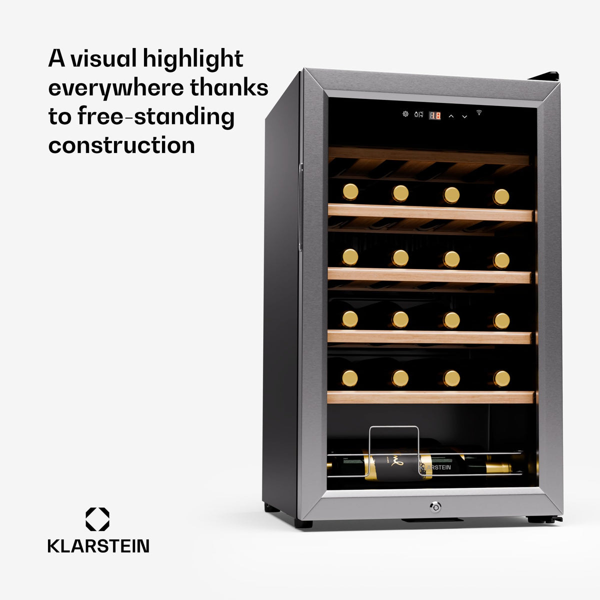 KLARSTEIN Shiraz Wine Cooler Black – 8 Bottles, 1 Zone | Freestanding Wine Fridge with Glass Door, Quiet, 5–18 °C, LED, Stainless Steel Frame