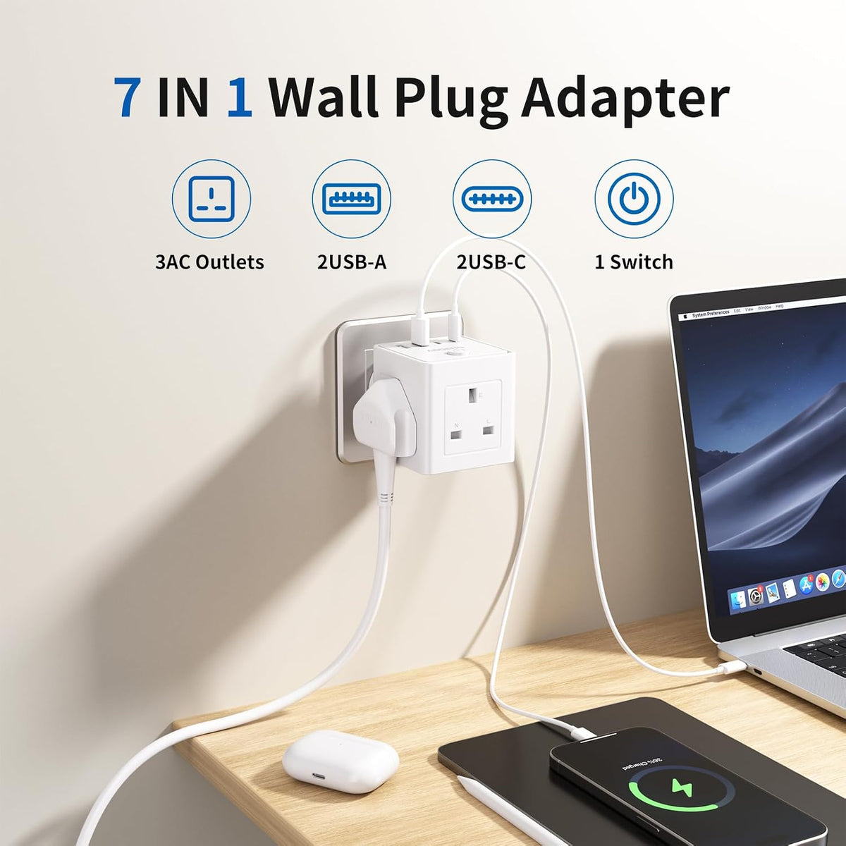 Plug Extension Socket with 4 USB, 3 Way Multi Plug Adapter UK, USB Wall Plug Charger, 3 Pin Plug Expander for Home, Office, University Essentials