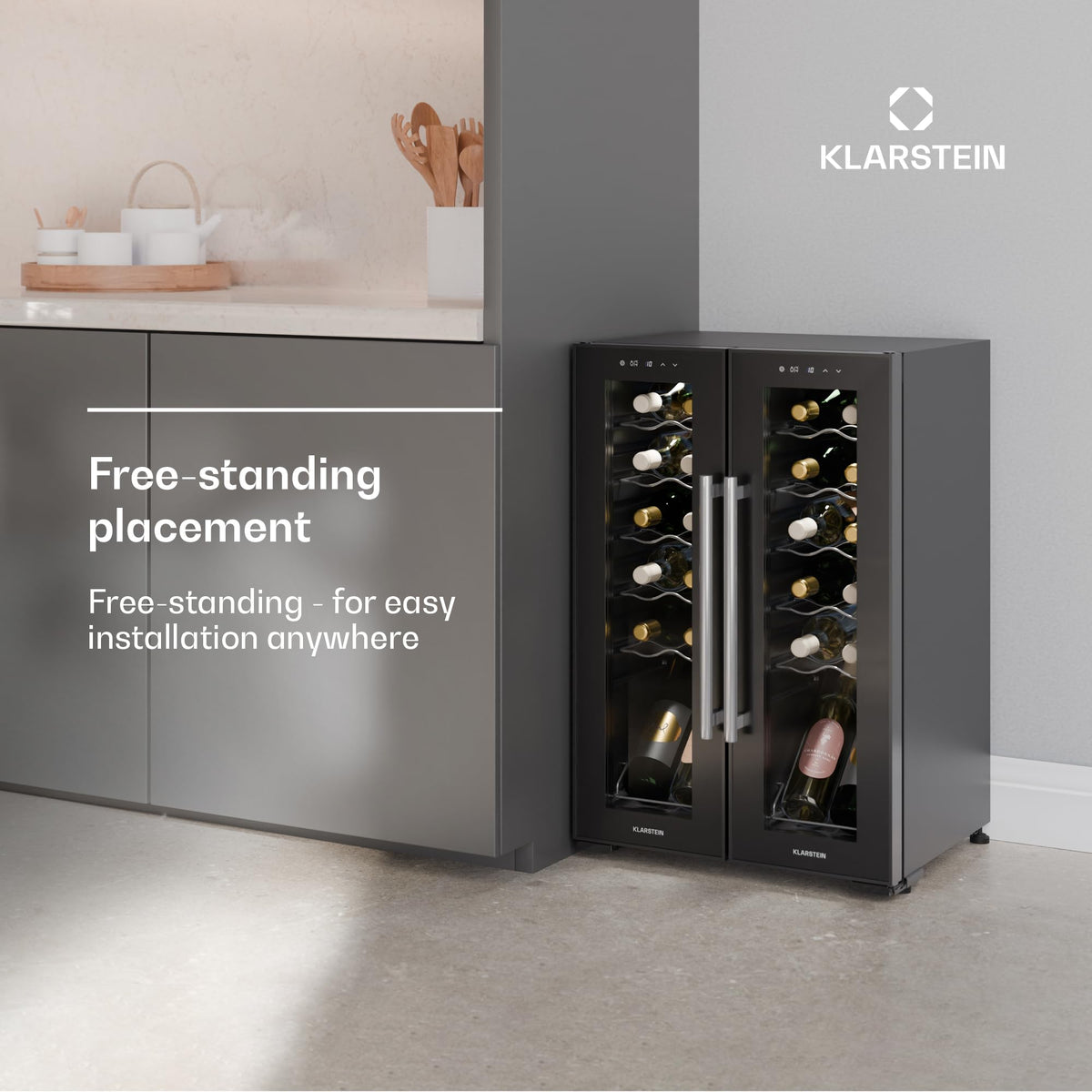 KLARSTEIN Shiraz Wine Cooler Black – 8 Bottles, 1 Zone | Freestanding Wine Fridge with Glass Door, Quiet, 5–18 °C, LED, Stainless Steel Frame