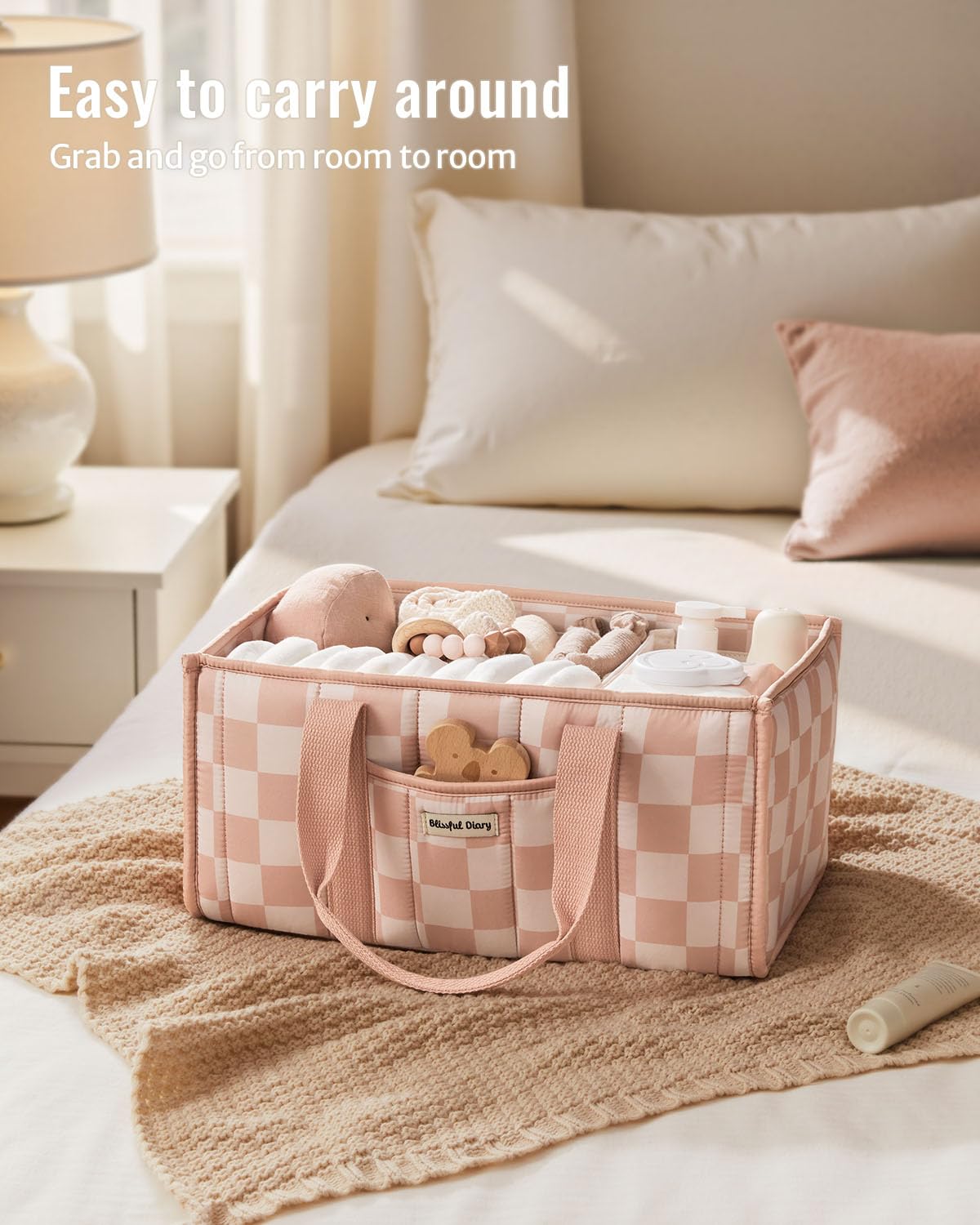 Blissful Diary Nappy Caddy Organiser, Baby Diaper Caddy for Nappy Station, Stylish Storage Basket for Newborn Essentials, Baby Shower Gifts for Girl or Boy, Woodland Cream