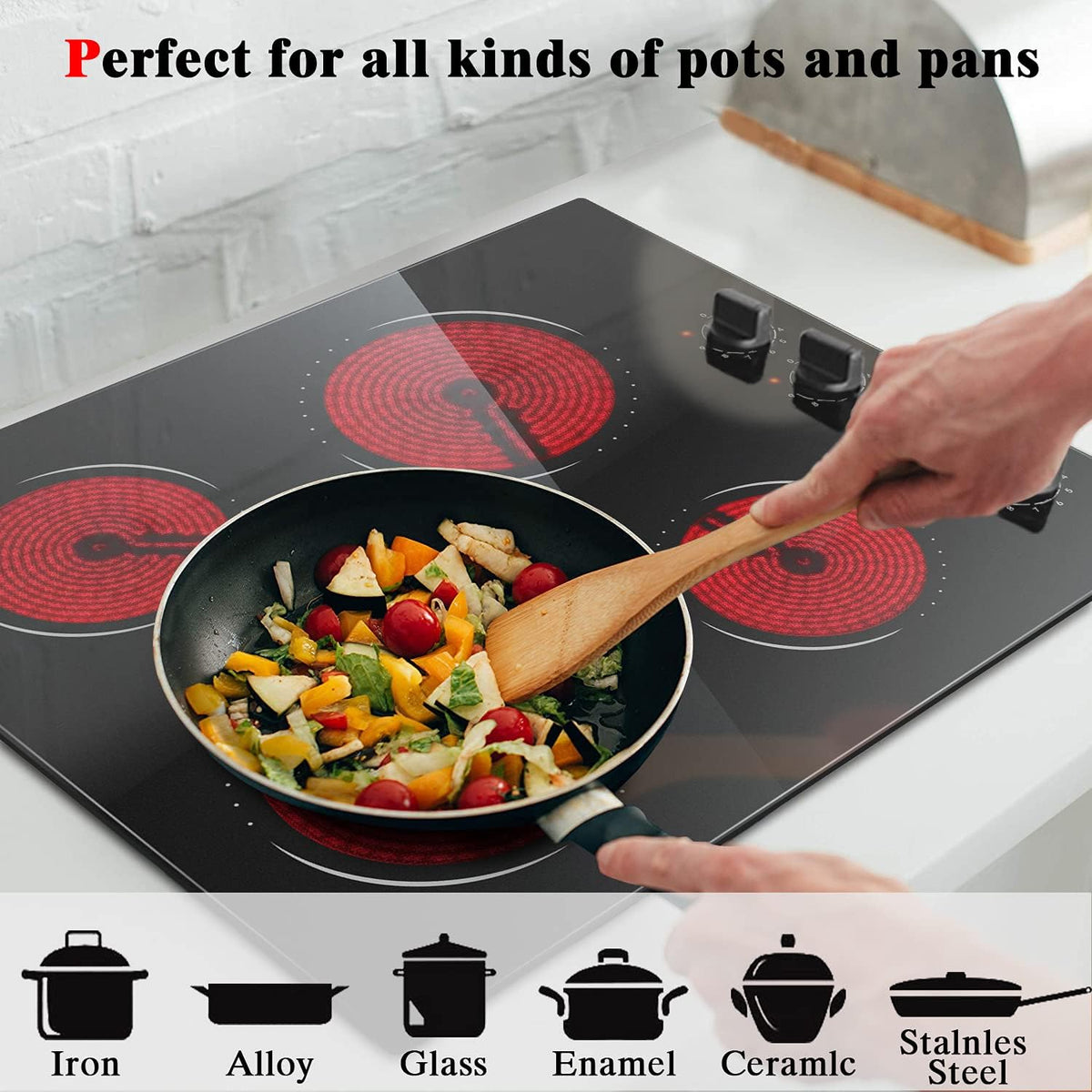 Hobsir Ceramic Hob with Knobs, Built-in Electric Cooker Hob 4 Burners 60 cm