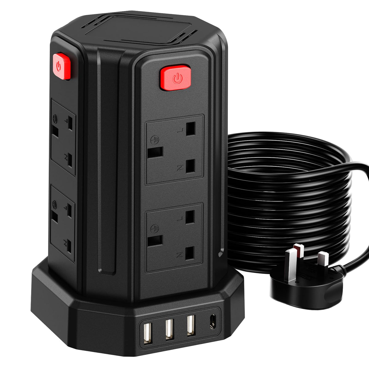 Tower Extension Lead 3M, 8 AC Outlets and 4 USB Ports Extension Tower