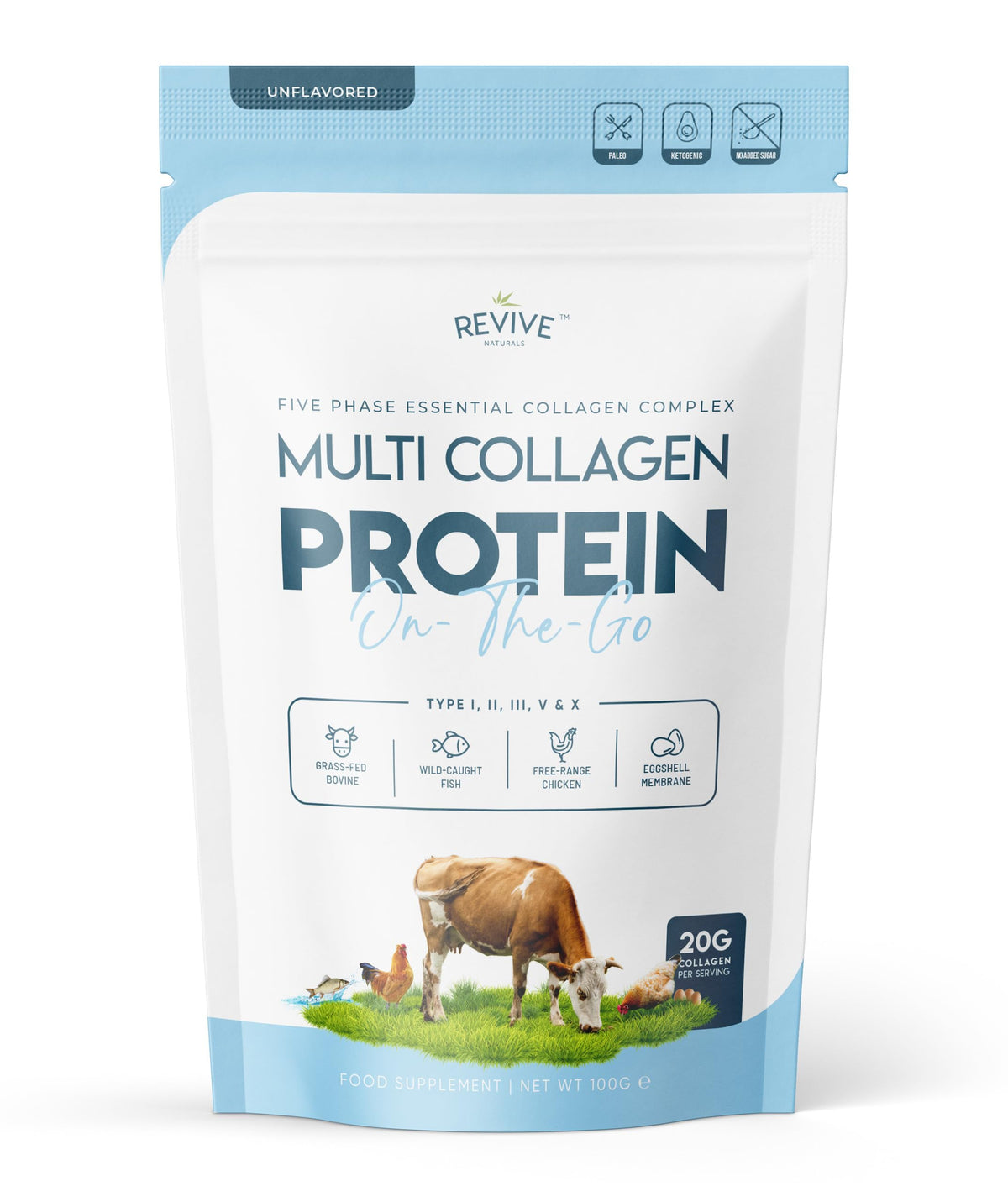 Multi Collagen Protein Powder 400g - Types I, II, III, V & X - Hydrolyzed Grass Fed Bovine, Wild Caught Fish, & Free-Range Chicken & Eggshell Collagen by Revive Naturals