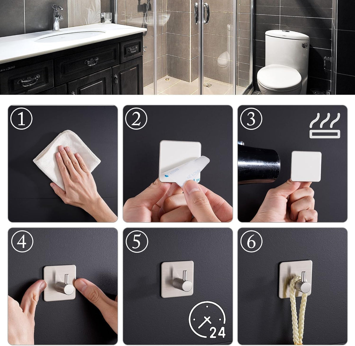 Aikzik 4 Pack of Self Adhesive Hooks, Max 8kg Load Sticky Hooks, Tea Towel Hooks, Versatile Self-Adhesive Wall Hooks for Use in Bathrooms, Kitchens, Doors, Cupboards, Bed Curtains, Towels, Key