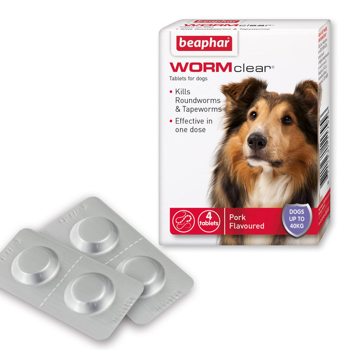 Beaphar - WORMclear® Tablets for Dogs up to 40kg - 4 Tablets - Kills All Common UK Intestinal Worms (Roundworms & Tapeworms) - Vet Strength Wormer - Pork-Flavoured - For dogs over 2 weeks old & 3kg