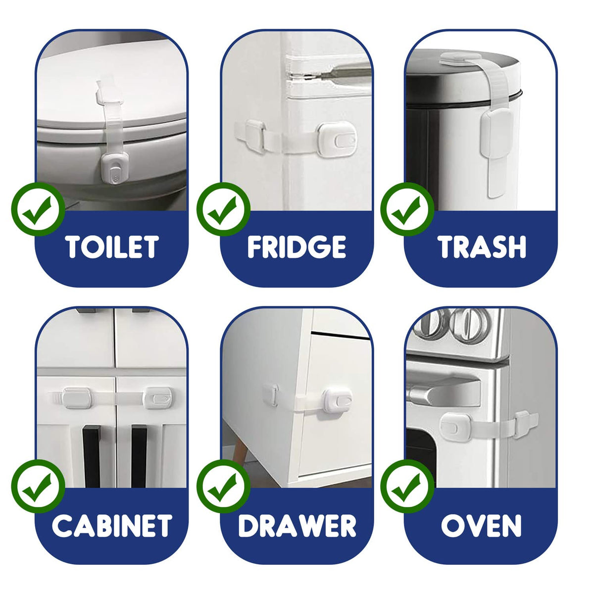 Adjustable Child Locks for Kitchen Cupboards 10 Pack - White