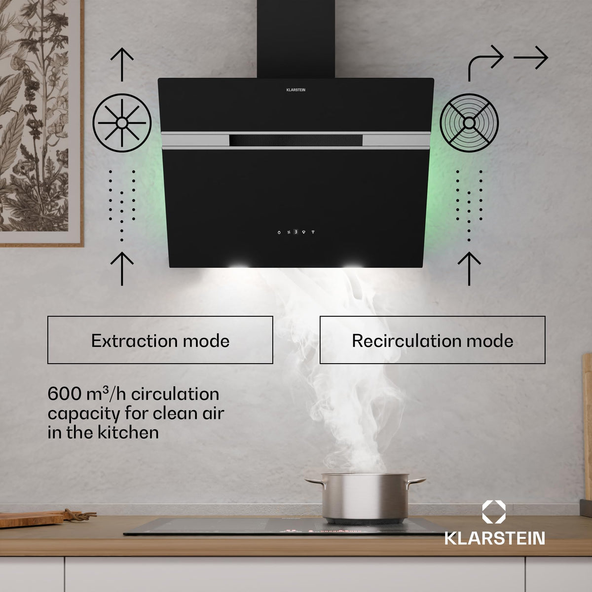 Klarstein Alina 90 Angled Cooker Hood - 615m³/h Air Flow, Touch Panel, LED Backlighting, Quiet 63dB, Energy Class A, 90cm Extractor Hood, Black