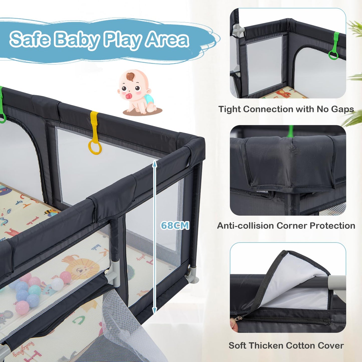 COSTWAY Baby Playpen, Toddler Mesh Play Pen with Mat, Pull Rings, Basketball Hoop, Football Nets, Ocean Balls, Indoor Outdoor Safety Playard for Babies and Toddlers (Light Gray, 207 x 142cm)