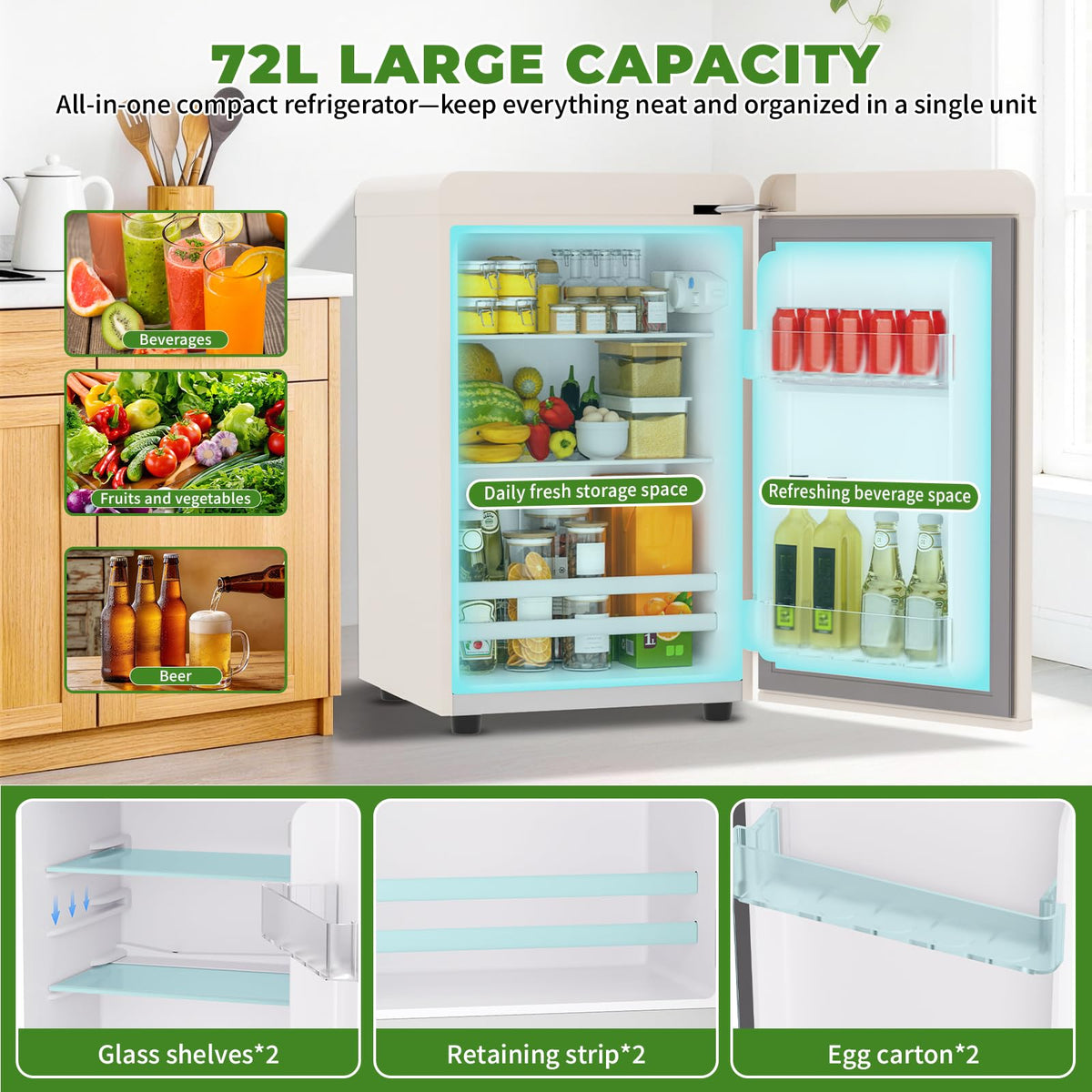 LIKEEM Retro Mini Fridge 72L, 43dB Quiet, Vintage LED Cooler, 7 Temp
