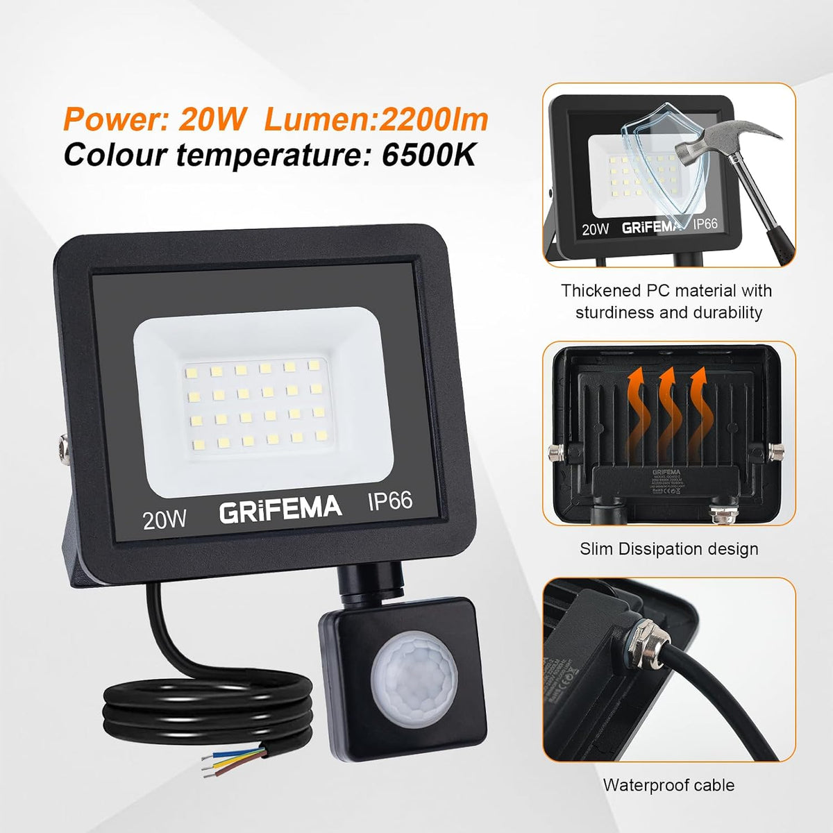 GRIFEMA 20W LED Security Light with Motion Sensor 2200LM 6500K