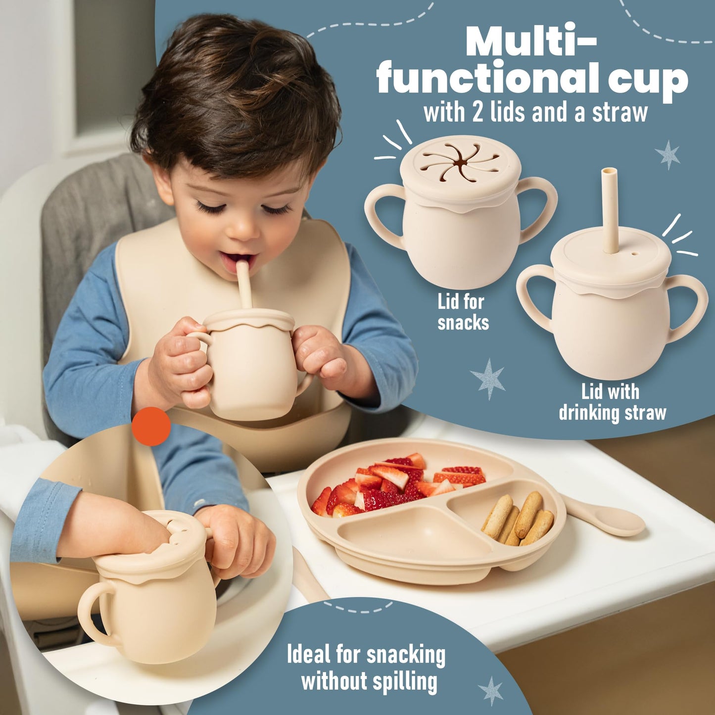 Baby Weaning Set - Silicone Baby Feeding Set with Bag for Travel or Storage at Home - Baby Fruit Feeder and Baby Bottle with Spoon Included